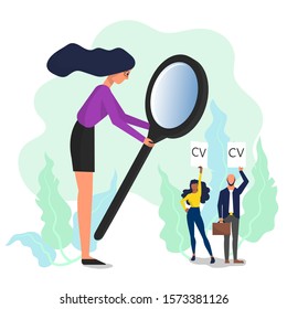 Woman holding big magnifying glass and looking at female and male job candidates. Isolated on white background. Flat style stock vector illustration.