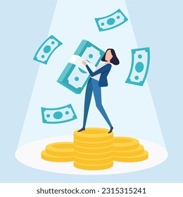 Woman holding big money and standing on gold coins, concept Rich from the jackpot
