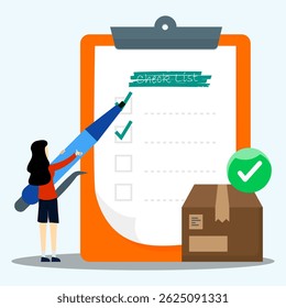 A woman holding big pen to mark cardboard document to confirm delivery packages.  Logistics and delivery. Order delivery sign.