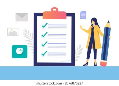 woman holding big pencil complete checklist board with tick marks daily job