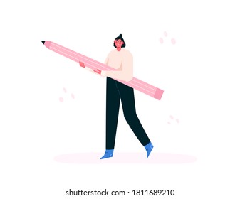 Woman Holding Big Pencil. Creative Girl. Artist, Painter, Designer. Art School Or Design Studio, Startup Concept. Artist's Workshop Poster, Banner, Flyer, Ad, Landing Page. Vector Flat Illustration.