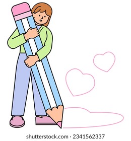 Woman Holding a Big Pencil and Drawing a Heart. Simple Vector Illustration.