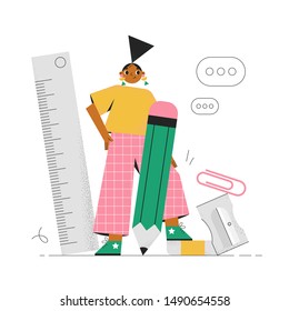 Woman holding a big pencil, surrounded by stationery. Office routine concept illustration. Flat vector design.