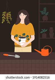 Woman holding big pot with pilea plant. Home gardener in room with plants stand, tools, watering can and many different pots. Urban jungle vector illustration