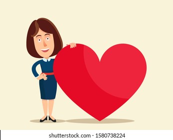 Woman holding big red heart, symbol of love. Business woman congratulate colleagues in office on Valentine's Day. Empty banner for text. Business vector illustration flat design cartoon style isolate