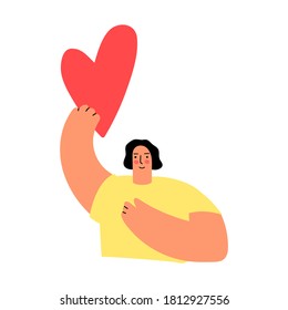 Woman holding big red heart in one hand. Illustration about volunteering on white background. 