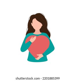 Woman holding a big red heart in her hands. Vector illustration.