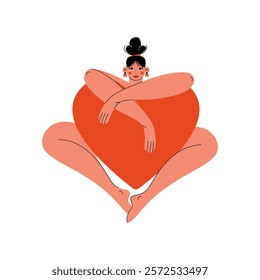 Woman holding big red heart. Cartoon girl character with large love symbol, valentines day romantic relationship friendship self love concept. Vector isolated illustration.