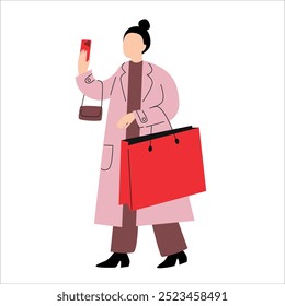 Woman Holding big Shopping Bags and Phone. Winter and Christmas sale. Holiday Shopping Illustration. 