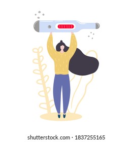 Woman holding big thermometer shows a high temperature. Flu, virus concept. Flat illustration.