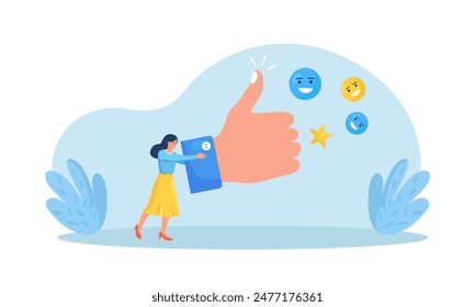 Woman holding big thumb up. Customer review rating or evaluation. People give feedback. Client choice. Business satisfaction support. User experience or satisfaction, opinion for product or services