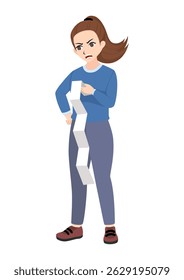 Woman holding a bill with an angry expression