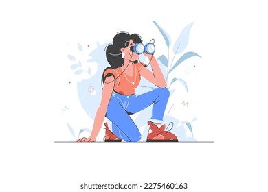 Mujer con Binocular. Turistas explorando y buscando. Una búsqueda en Internet, un proceso de descubrimiento, mirando hacia adelante. Ilustración de vectores de carácter de misión, identificación, vigilancia