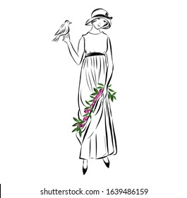 Woman holding a bird dressed in retro style hat, long dress decorated flowers. Lady in vintage style from the nineteenth century. Drawing for coloring. Graphic female silhouette.