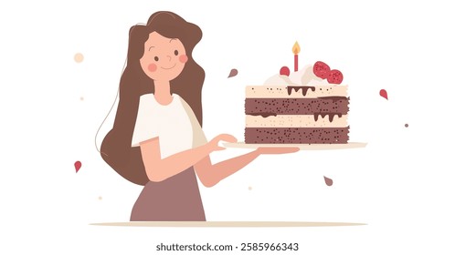 Woman Holding a Birthday Cake with Candle - Flat Vector Illustration,Cartoon style ,girl with birthday cake isolated on white background ,Birthday party concept,greeting card