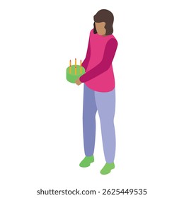Woman holding birthday cake with candles, isometric vector illustration