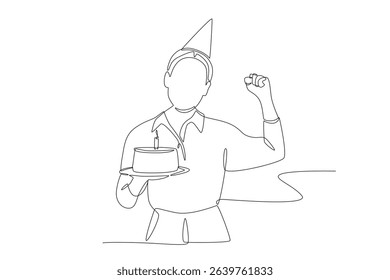 Woman holding birthday cake. Birthday celebrations concept one-line drawing