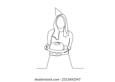 A woman holding a birthday cake. Birthday party one-line drawing