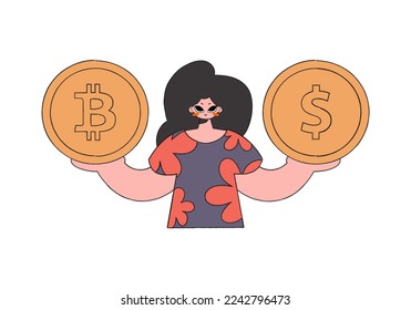 Woman holding bitcoin and dollar. Character Trendy retro style.