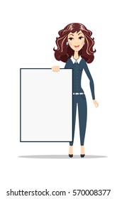 Woman holding a blank A1 poster. Female business model. Smiling girl isolated.