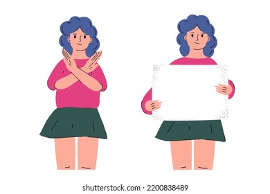 Woman holding blank banner and placard. Template for demonstration, riot, picket or business campaign, announcement, advertising. Vector flat activist person with empty poster.