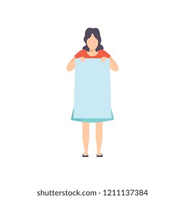 Woman holding blank banner, promotion, advertising or peace protest concept vector Illustration on a white background