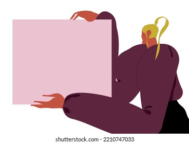 Woman holding blank paper card in hands for presenting, advertising. Person showing empty banner background, promotion, business presentation mockup. Flat vector illustration isolated on white
