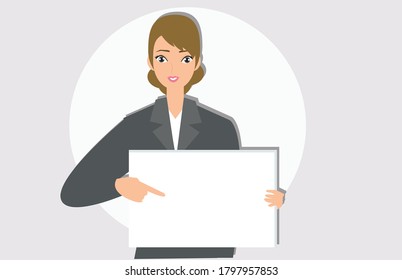 Woman holding a blank paper in her hand. Creative idea design. Flat vector for template, brochure or presentation.