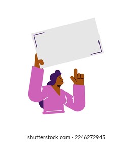 Woman holding blank paper sign, concept of protest - flat vector illustration isolated on white background. Female character fights for women s rights and equality. Person demonstrating with placard.