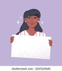 Woman holding blank placard. Space for text and presentation. Advertising and marketing. Character with placard at protest, democracy and equality, rally concept. Cartoon flat vector illustration