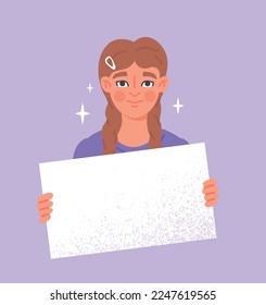 Woman holding blank placard. Young girl with white sheet. Activist at protest or rally, fight for rights. Graphic element for site. Internet advertising and marketing. Cartoon flat vector illustration