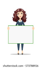 Woman holding a blank poster. Female business model. Smiling girl isolated. Stock vector illustration