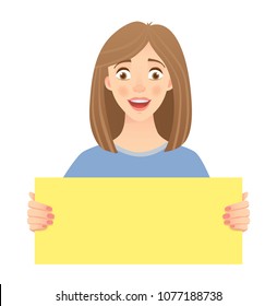 Woman holding blank poster. Blank message vector illustration. Hands holding blank paper