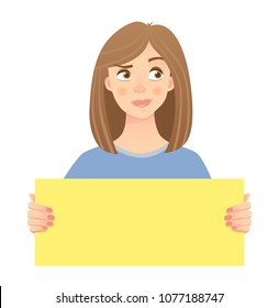 Woman holding blank poster. Blank message vector illustration. Hands holding blank paper