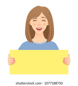 Woman holding blank poster. Blank message vector illustration. Hands holding blank paper