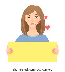 Woman holding blank poster. Blank message vector illustration. Hands holding blank paper