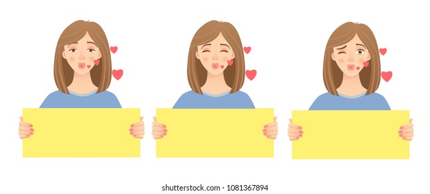 Woman holding blank poster. Blank message vector illustration set. Hands holding blank paper