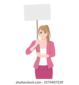 Woman holding blank protest sign with a sad and concerned expression, advocacy or dissatisfaction. Flat vector Character Illustration