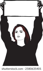 Woman holding a blank protest sign above her head. Minimalist vector illustration with copy space. Activism, social movement, and political demonstration concept for design and print