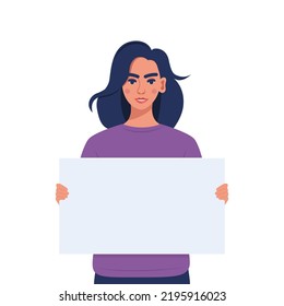 Woman holding blank protesting placard. Person with empty banner. Banner, manifesting activists demonstrating sign. Street demonstration concept. Political revolution, demonstrate. Vector