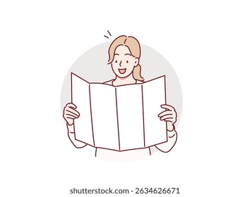 Woman Holding a Blank Sheet of Paper. Hand drawn style vector design illustrations.