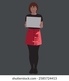 Woman holding a blank sign in front of her. Minimalist vector illustration on dark background. Activism, protest, and social awareness concept with copy space for design and print