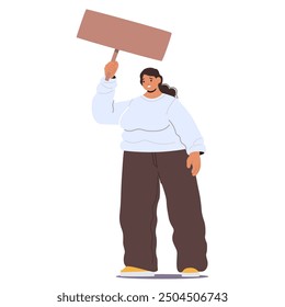 Woman Holding Up A Blank Sign In Protest. Cartoon Vector Illustration Depicts The Concept Of Activism, Protest, And Standing Against Discrimination And Injustice. Female Character Appears Determined