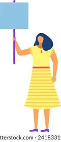 Woman holding a blank sign at a rally, activist in a striped skirt shows support. Protest participant with empty banner vector illustration.