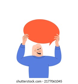 Woman holding blank speech bubble above his head, inspiration, idea. Customer feedback, testimonial, online survey, communication, chat. Social network dialogue. User satisfaction. Flat illustration.