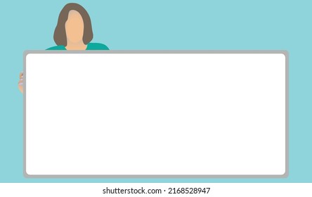 The Woman Is Holding Blank Whiteboard From Behind , Copy Space Vector Illustration Background