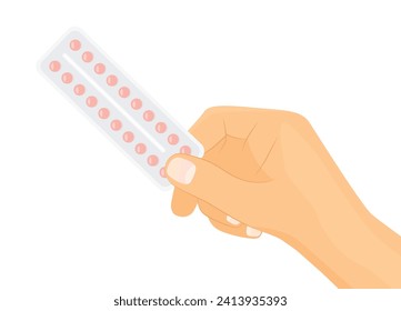 woman holding blister of oral contraceptive pills or HRT Hormone Replacement Therapy - vector illustration