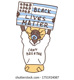 Woman holding blm poster on white isolated backdrop. Can't breathe hoody print  for invitation card, social banner, news blog, flyer. Phone case or cloth print. Doodle style stock vector illustration