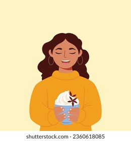 Woman holding blue cup hot drink. Coffee break. Vector illustration