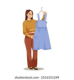 Woman holding a blue dress on a hanger. Vector illustration